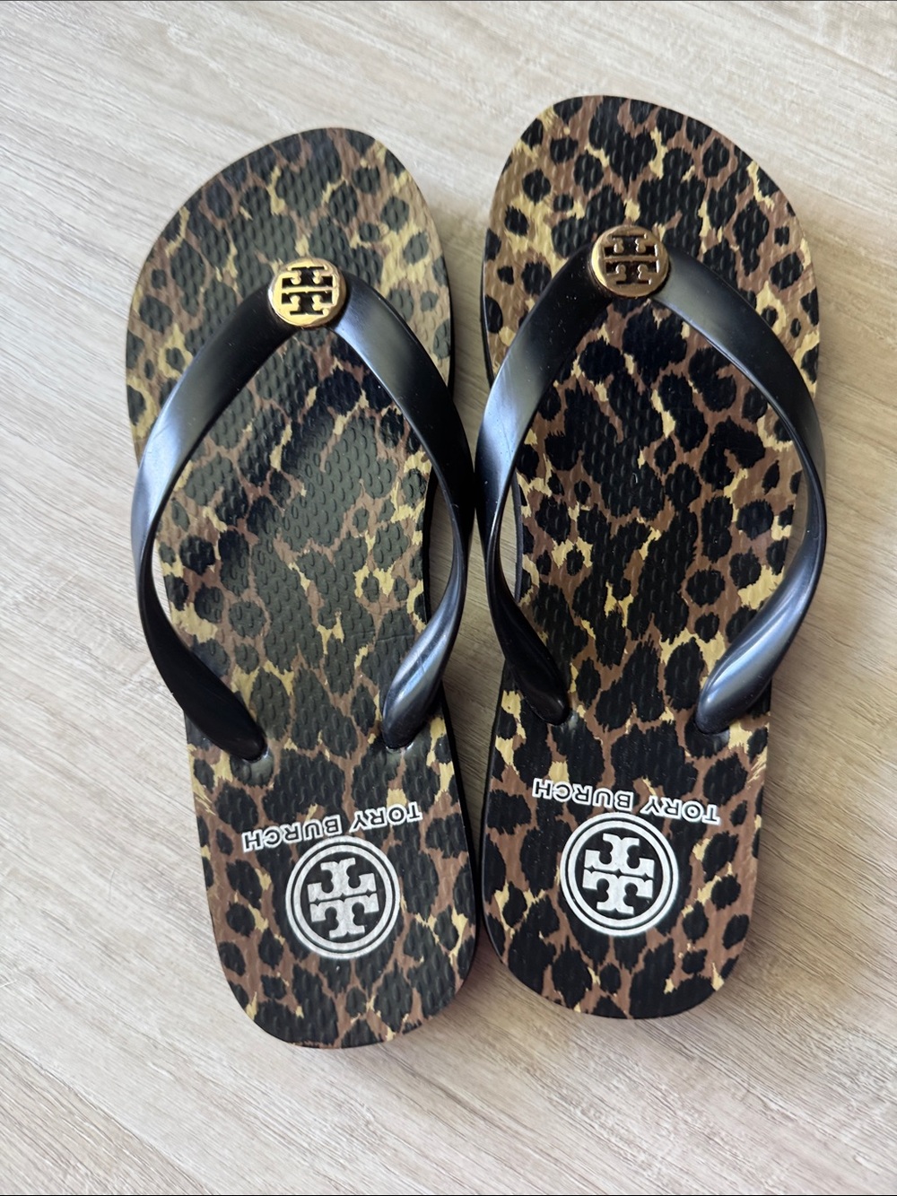 Tory Burch Black-Strap Leopard Print Flip Flop Sandals with Gold Logo